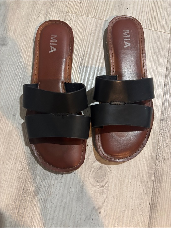 MIA Shoes - MIA Black Double Strap Slide Sandals with Brown Footbed